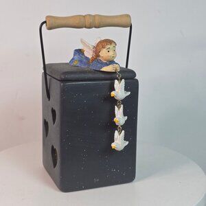 Angel Ceramic Candle Holder With Hanging Birds & Heart Cutouts